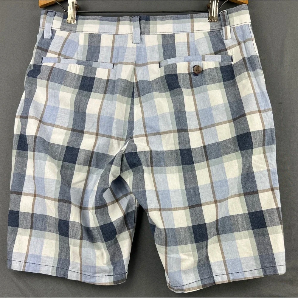 Banana Republic Aiden Short Mens 31 Plaid Blue White Cotton Casual Excellent